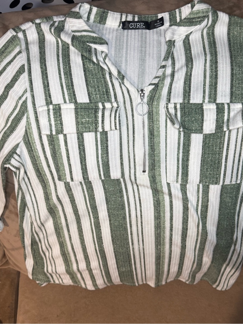 CURE. Green & White Vertical Striped 1/2 Zip Tunic Shirt - Size Medium
